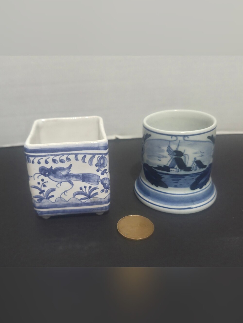 Blue & White Ceramics 2pc Portuguese & Delft-Style Colle Table Porcelain